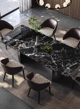 天别FCQ然玫瑰进口大理石长方形轻奢高桌端吃饭子高黑端墅餐桌奢
