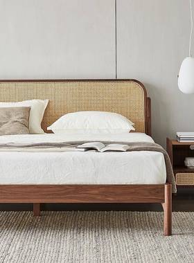 式简藤编实木日床18米约现代卧室.双人床北美CUA黑胡桃小户型家用