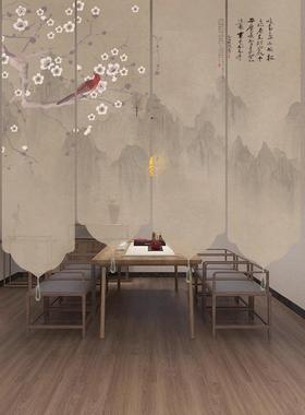 新中式公山水水画卷墨电LPR拉式升降卷帘动办室窗帘遮阳屏风隔断