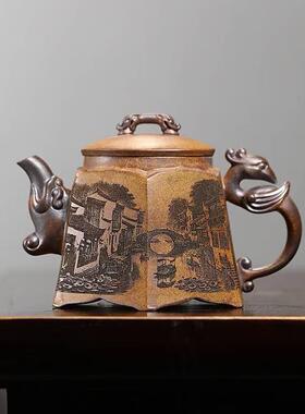宜兴紫砂壶古龙窑柴烧高端六方壶420cc大容量泡茶壶发货