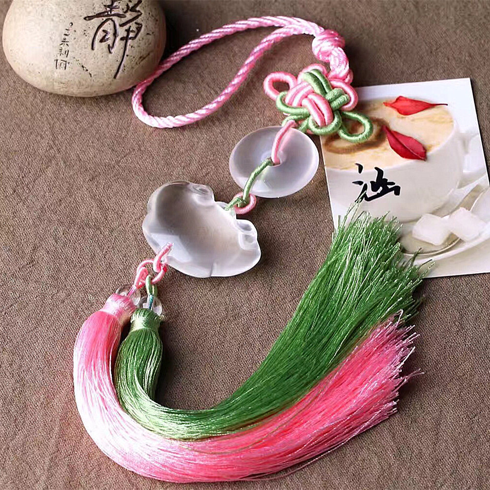 天然乳白晶如意锁车挂搭配乳白晶平安扣车挂手工编织流苏车挂