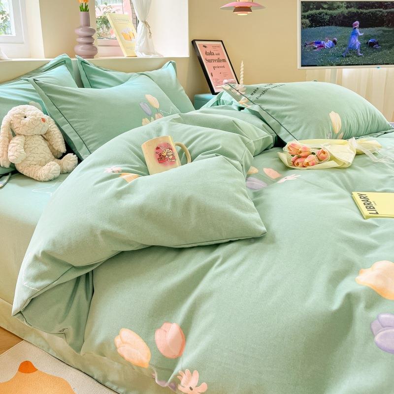 全棉加厚磨枕毛四件套磨毛花被套件印床单套床笠三套纯46棉床上用