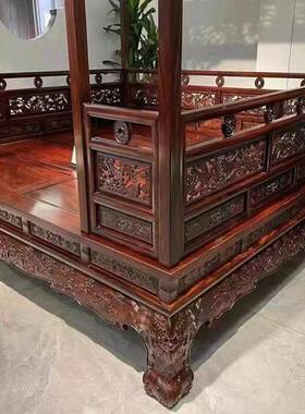 9W缅甸花洞梨木中式仿古床架子明清57475古典工拔步床千踏步床月