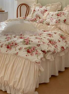 法式复上古玫瑰全棉床四风件套公主风褶皱花棉边田园被套纯95609