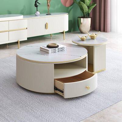 网红奶油风奢轻圆形可岩板茶几家用小户型物简约伸缩高脚MGD储电
