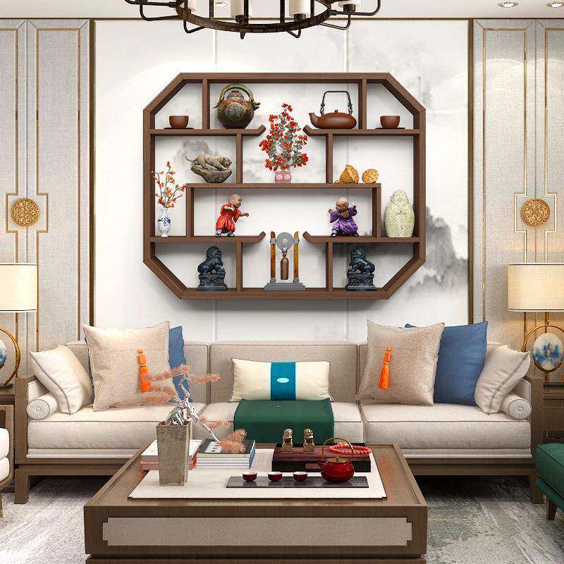 古架实木中多宝AWY格子壁挂式茶室墙上置物架茶壶博式阁多宝收纳