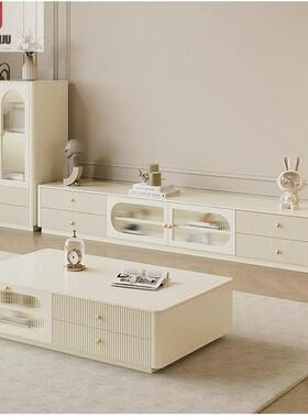 岩板电视柜奶油白色家用现代简约小户型储物茶几组合落地电视柜