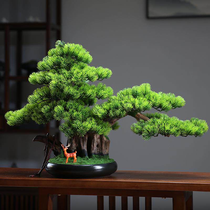 新中式迎客松摆件仿真盆景玄关造景罗汉松树客厅茶桌办公室工艺品