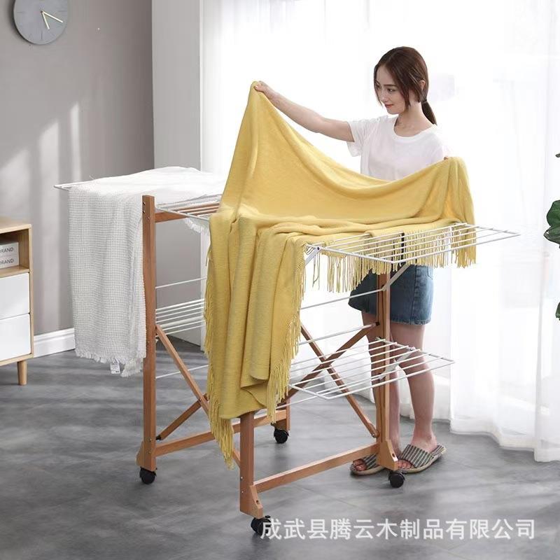 创意铁木结合阳台挂衣架室内落地金属晾衣架可折叠婴儿衣物晾晒架