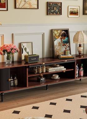 法式9088复古纳实木电视柜小户客厅收储物柜一体黑色美风式中古家