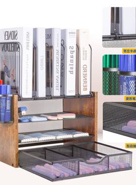 亚马文逊办公桌面铁结合书架金属纳抽屉跨境71360木铁艺木质文具