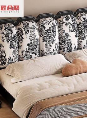 中NWD古高风黑色全实木软包涟奶油风轻奢布艺提床花婚床卧室端漪