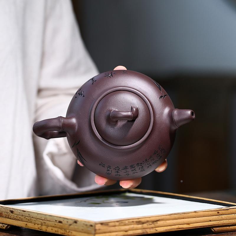 厂家绘宜兴紫砂壶名家绘刻茶壶手原MH9K矿丁老紫泥竹壶茶具