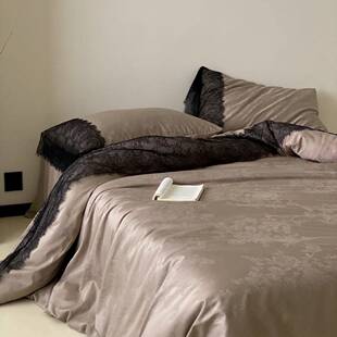 她的毛|睫昨浪漫OSJ全棉贡缎上四件床套法式日蕾丝花边被套床单床