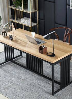 美式办AWN公铁艺实木长条大板办公桌家子用书房室桌职员电脑书会