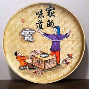 手EIN绘竹编簸箕挂画农庄农家墙面装 挂饰件墙壁乐挂饰店餐饭馆墙