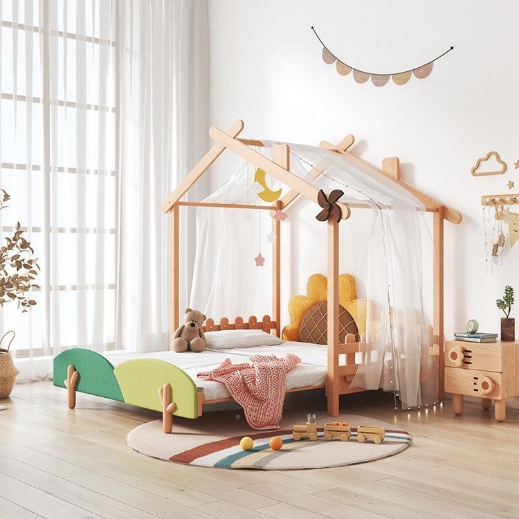 儿童床女5孩床实木带护栏树E2108Y-屋床书桌体设1.米伸缩床一可伸