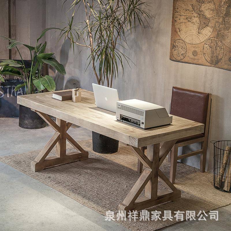 美式复古实木办公桌家用书房做旧书桌写字台办公室创意原木电脑桌