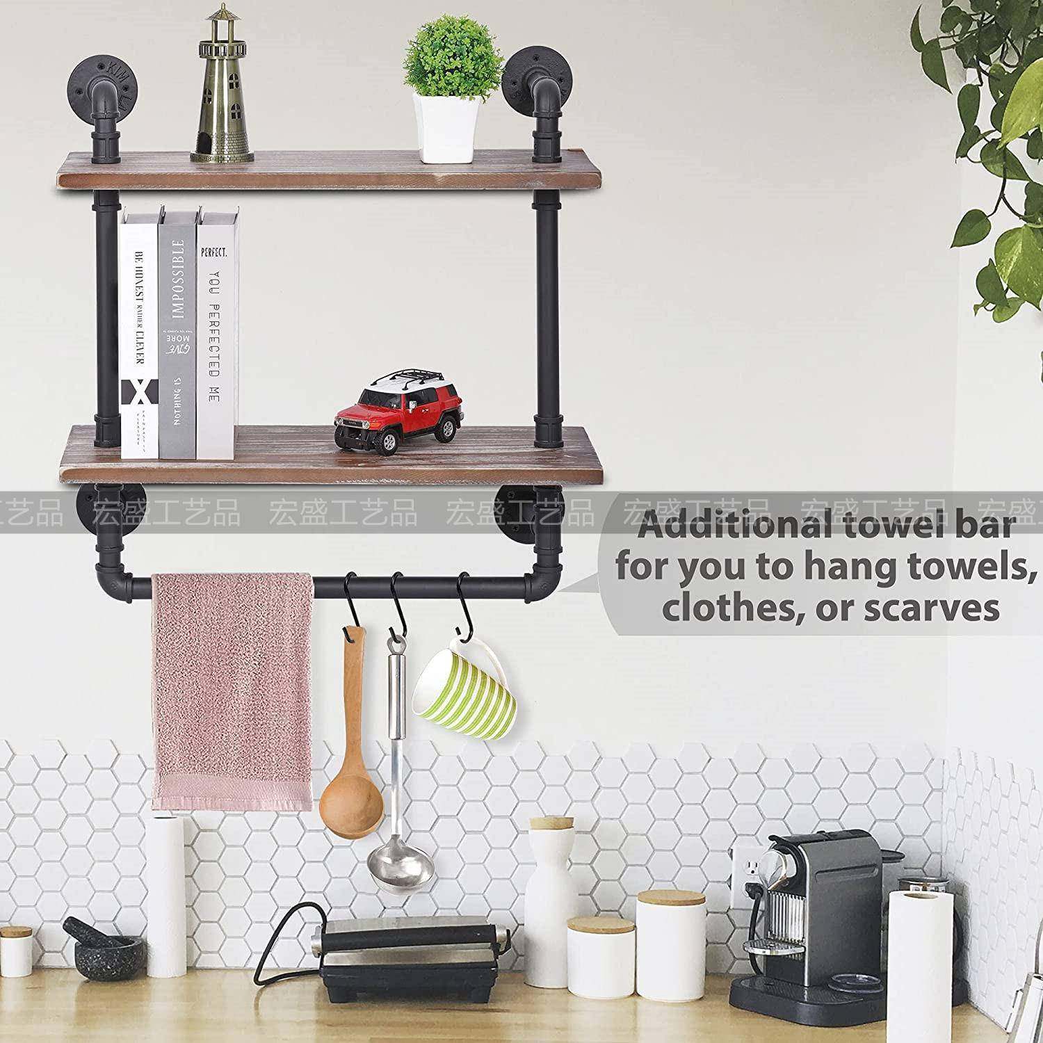 美式LOFT复古双层实木铁艺书架置物架层架厨房隔板实木架子书柜