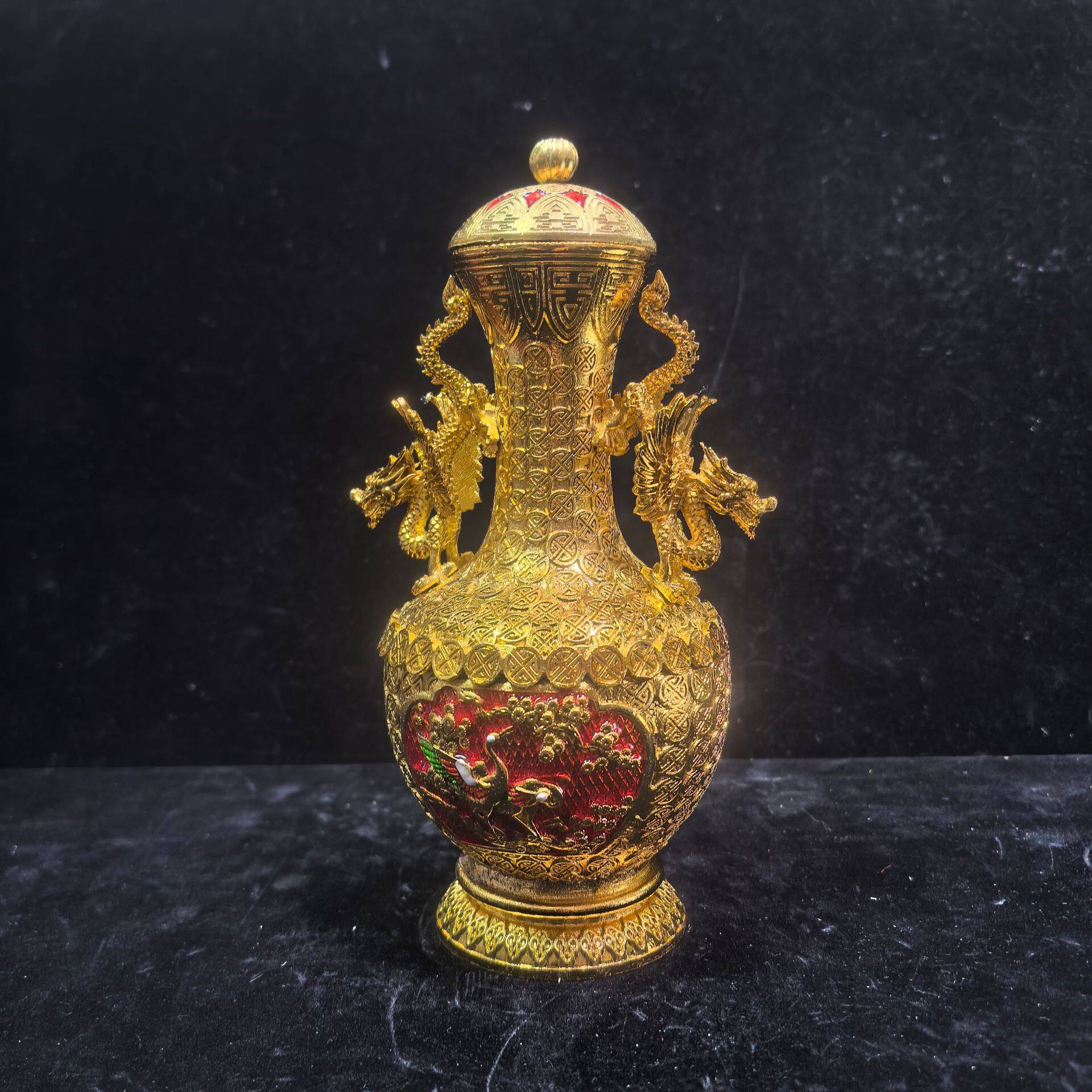 杂项仿古做旧批发铜器双龙耳玄关摆件树脂金色花瓶摆设工艺品