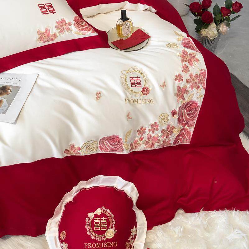 高档新式婚庆四单件套大红色床被套水婚洗棉刺绣陪BTFX嫁中结床上