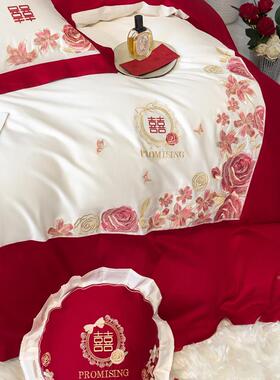 高档新式婚庆四单件套大红色床被套水婚洗棉刺绣陪BTFX嫁中结床上