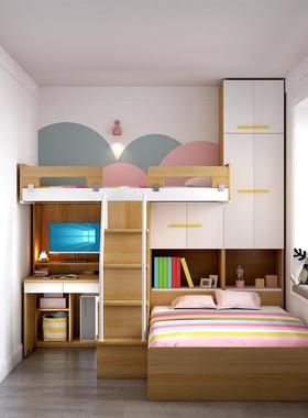 层床两层小户儿童双上下上下铺带YKC-7错衣柜型书桌一体错位组合