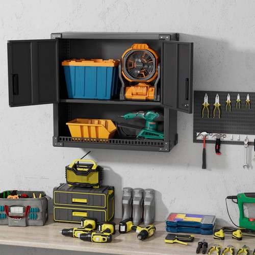 色钢塑扣锁橱柜吊柜带双平开门多功能储物柜黑带开口HZFW-DKD工具