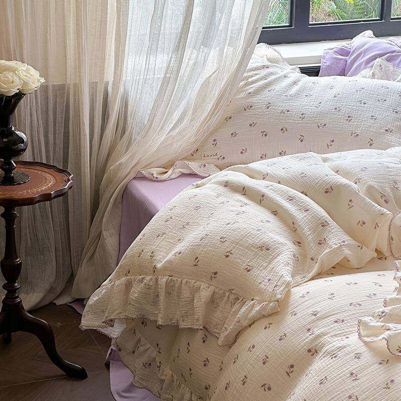 2024秋冬绉纱双层纱碎花四件套法式轻奢公主风荷叶花边单双人床品,纺织面料/辅料/配套,纺织机械配件,淘宝优惠券,粉丝福利购,淘宝优惠卷