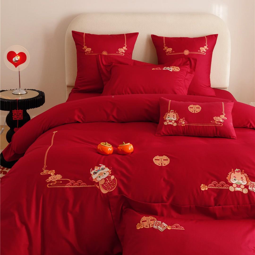 现代婚庆绣喜庆结婚大床品龙年限定高刺端纯棉长红绒件棉四202011