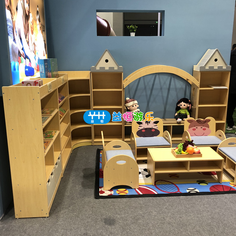 幼儿园区角城堡造型图书组合柜儿童阅读室绘本书架座椅木制书柜