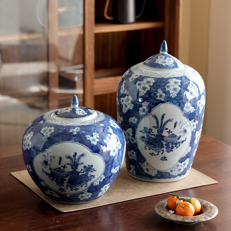 中式仿古青花冰梅陶瓷花瓶摆件