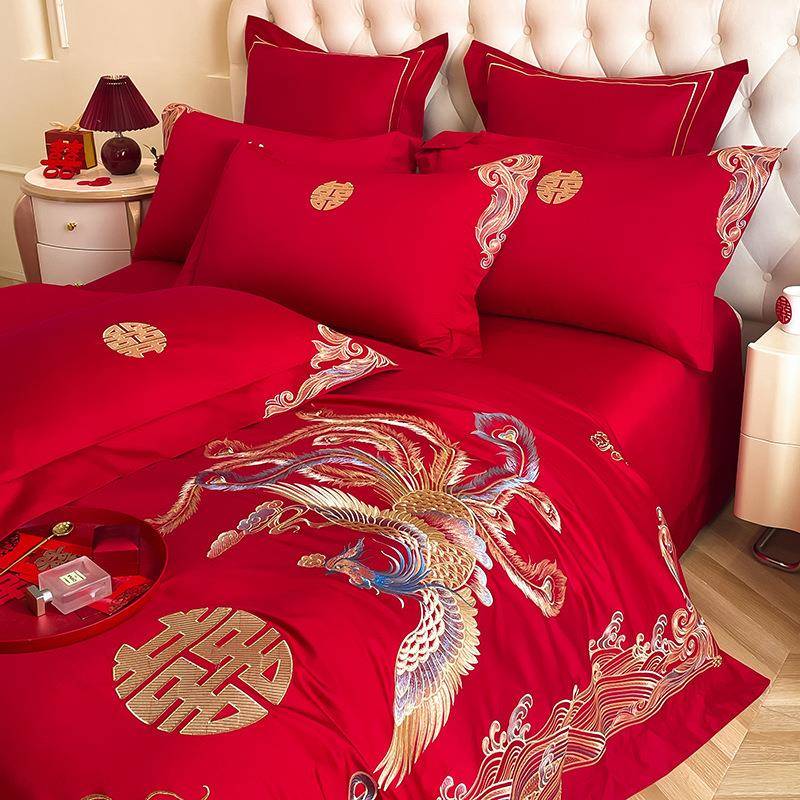 结大红色四件套用婚庆被95156151床单婚套房水洗棉婚嫁婚喜被床笠
