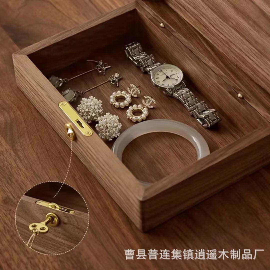 黑胡桃木木盒纳子复古带锁收咨询实木收质桌面盒纳盒杂物小箱子精