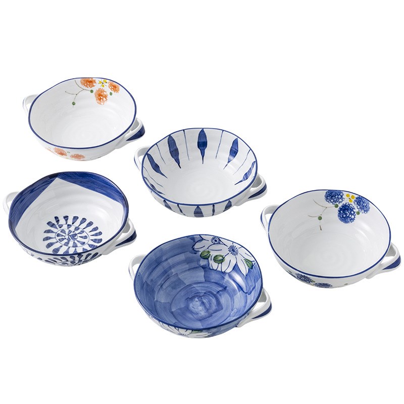 日式双耳碗 复古手绘釉下彩陶瓷餐具家用大容量汤碗餐具面碗饭碗