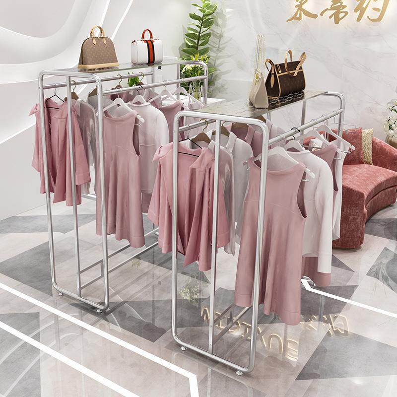 服装店金色双排中岛架双杠落地式展示架女装童装店银色挂衣服货架