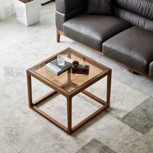 复古风实木钢化玻璃边几角几家用小户型胡桃木小茶几客厅沙发边桌
