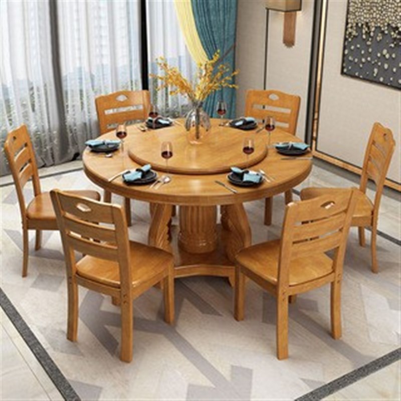 实木餐桌带转盘圆形饭桌大圆桌8人10人16人家用经济型餐桌椅组合