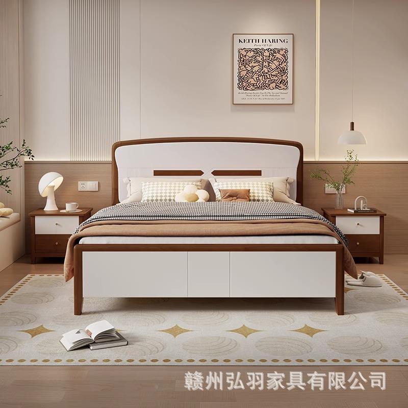 实木1MOM床简约大床现代白色轻奢静音款1.8米杏色.米双主卧5人小