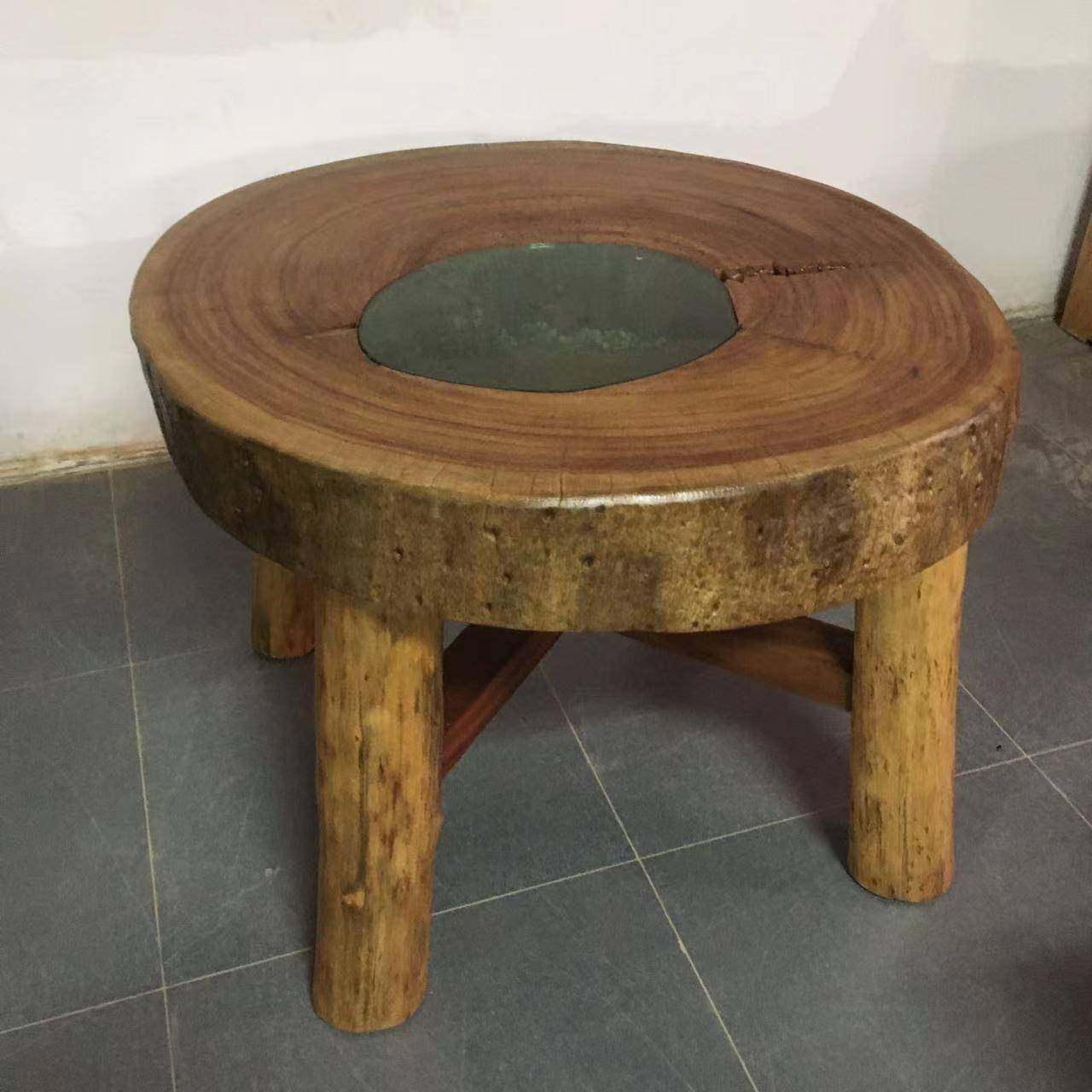 原生态家具客小茶厅台香樟木HUQ独台板圆形石磨茶桌椅简约户型阳