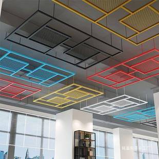 餐厅吧天花板铁艺风工酒业风PUH墙木条复古吊顶面网屏格展厅装饰