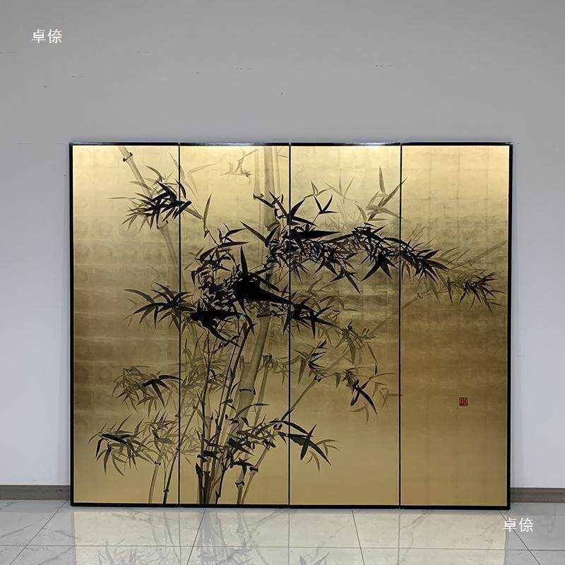 箔屏风金日式装饰手绘竹子金箔户隔621断水墨折漆画摆设入叠茶室