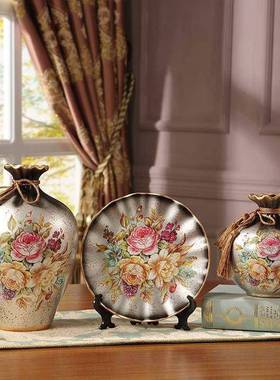 美式关复古陶瓷花瓶三件套OJB插花摆件客厅架酒装饰品博古柜玄摆