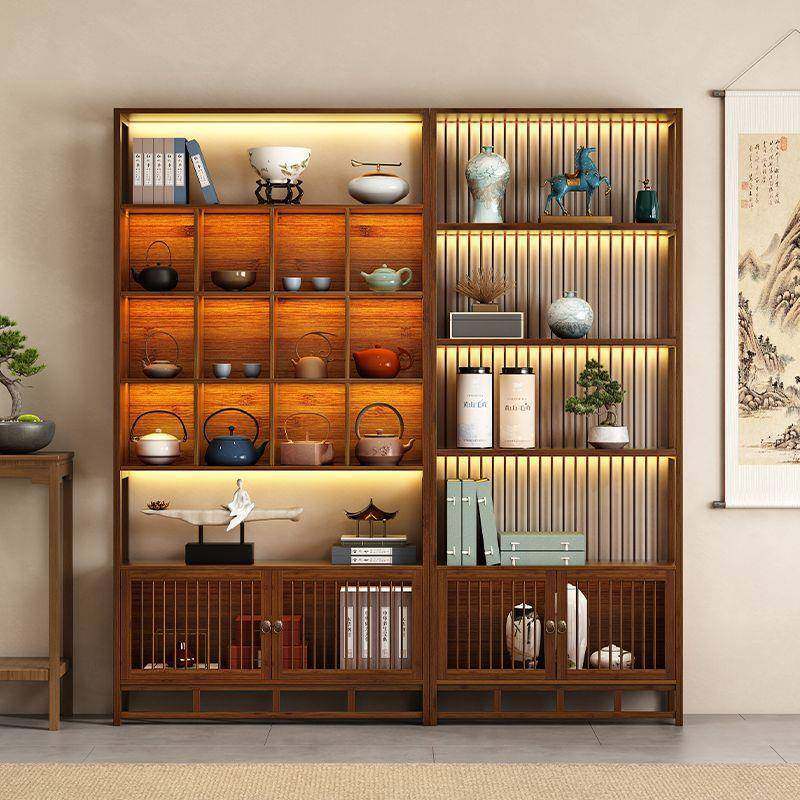 新中式博古架带灯带实木茶具架办公室展示柜茶室茶柜茶架工艺品架
