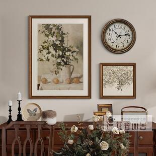 法式中古风餐厅钟表挂画组合美式复古花卉客厅斗柜装饰画挂钟壁画