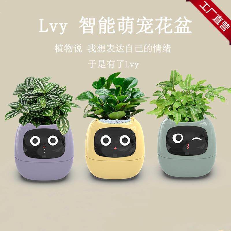新品智能懒人自动吸水花盆塑料树脂圆形USB充电式室内植物花