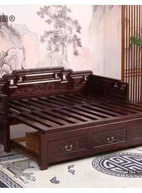 推拉罗汉床实木拉老榆木中新式仿OUL古客中式榫抽伸缩卯沙发太床