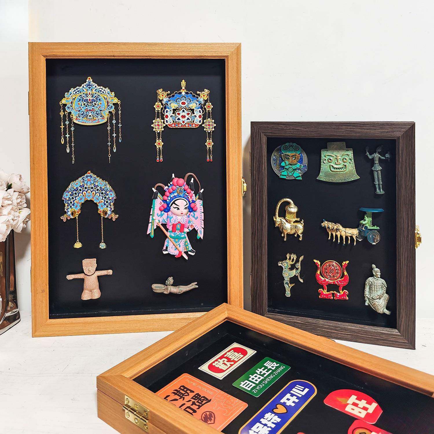 博展物馆冰箱板贴展示框JPY磁吸磁力收纳收藏盖示板黑翻实木相框