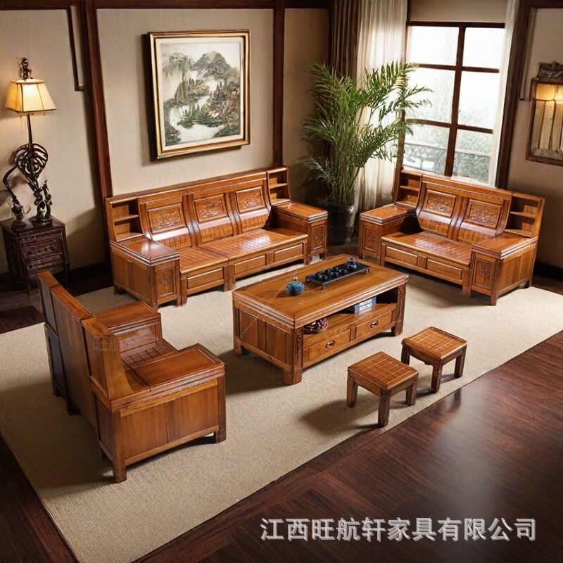 香樟木U型全实木转角贵妃沙发