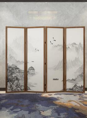遮新中式实木屏风隔客厅挡办公室酒简约山AWI水断古店风移动折叠